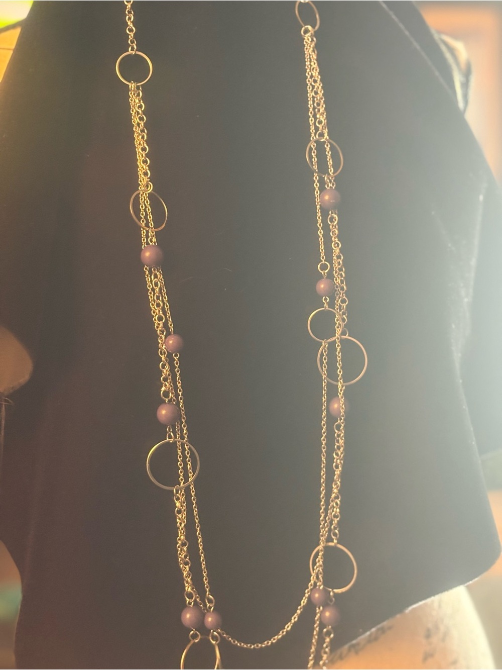 Elegant Long Silver tone Chain Necklace with Purple Beads
